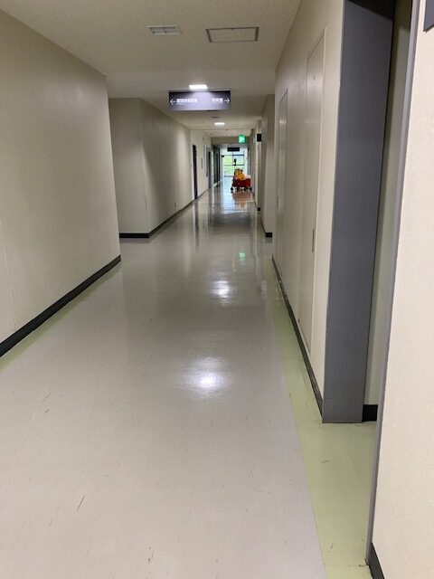 大学校舎 共用部廊下、階段、教室 床洗浄とWAX掛け